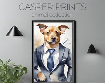 Animal wall art, digital download, dog in suit print, bedroom wall, quirky, animal collection