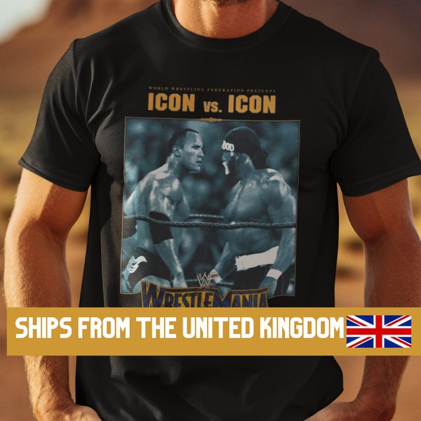 ICON vs ICON The Rock Hollywood Hulk Hogan WrestleMania X8 T-Shirt WWE Wwf Aew Tna Stone Cold Attitude Era Ric Flair John Cena Randy Orton