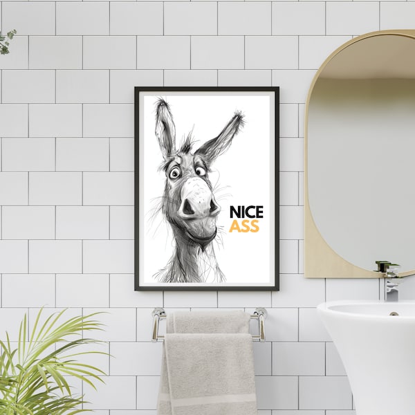 Nice Ass Bathroom Decor, Donkey in Bathroom Accessories, Funny Office Print Wall Art Cute and Funny Animal Poster Birthday Gift Idea