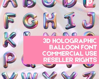 3D Font Holographic Balloon Letters Y2K Alphabet PNG for Logos Invitations Stickers Digital Download Typography Design Social Media Content