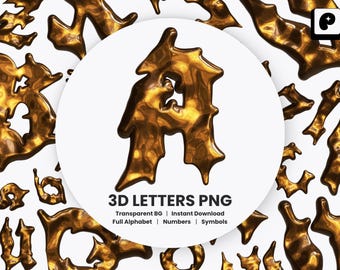 Metallic 3D Letters PNG Alphabet Molten Gold Vaporwave Font Digital Lettering Set Y2K Chrome Typeface Cyberpunk Clipart Transparent