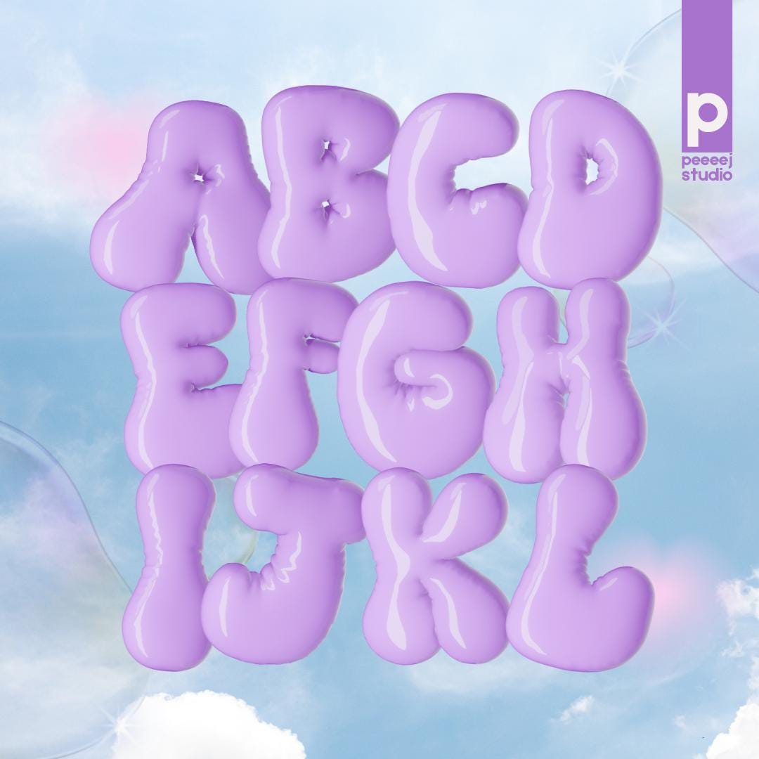 3D Aesthetic Bubble Letters PNG Alphabet Set Cute, Pastel, Y2K Style ...
