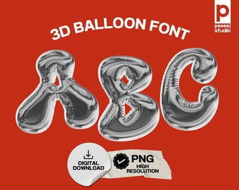 3D Chrome Balloon Font PNG Metallic Alphabet Letters for Logos Posters Stickers Digital Download Typography Design
