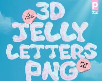 Clear Iridescent 3D Jelly Letters PNG Font Aesthetic Digital Alphabet Files for Canva Sublimation Scrapbooking Stickers Design Social Media