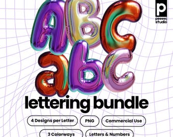 May include: A digital lettering bundle featuring the letters ABC and abc in a metallic, balloon-like style. The letters are in shades of purple, orange, and pink. The image includes the text "lettering bundle" and details about the product.