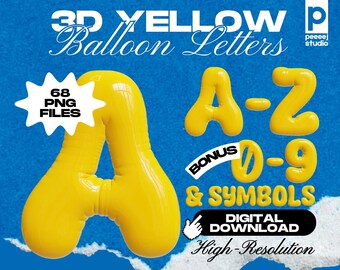 3D Yellow Balloon Letters PNG Alphabet Set Digital Download Canva Clipart Cricut Font Party Printables Birthday Numbers High Resolution