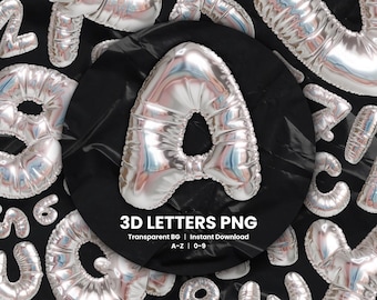 Silver Foil Balloon Alphabet PNG Letters Numbers 3D Aesthetic Clipart Digital Letters for Birthday Invitations Party Decor Scrapbooking
