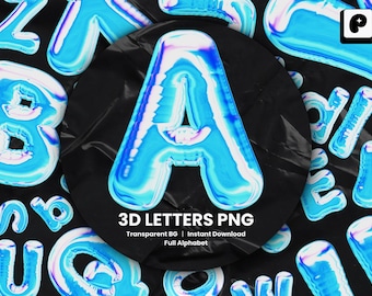 3D Letter PNG Alphabet Bundle for Canva Procreate, Chrome Balloon Letters PNG Digital Download, Aesthetic 3D Font PNG for Instagram Branding
