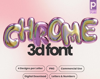 Chrome Balloon Letters PNG Aesthetic 3D Font Alphabet Bubble Letter PNG for Logos Digital Scrapbooking Letters Social Media Font Pack