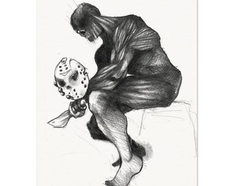 Dessin d'art crayon conté sur vélin Un penseur dangereux, hommage à Rodin