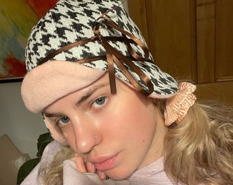 Houndstooth Black and White Flower Shaped Hat / Bonnet with Coquette Core Brown Bows