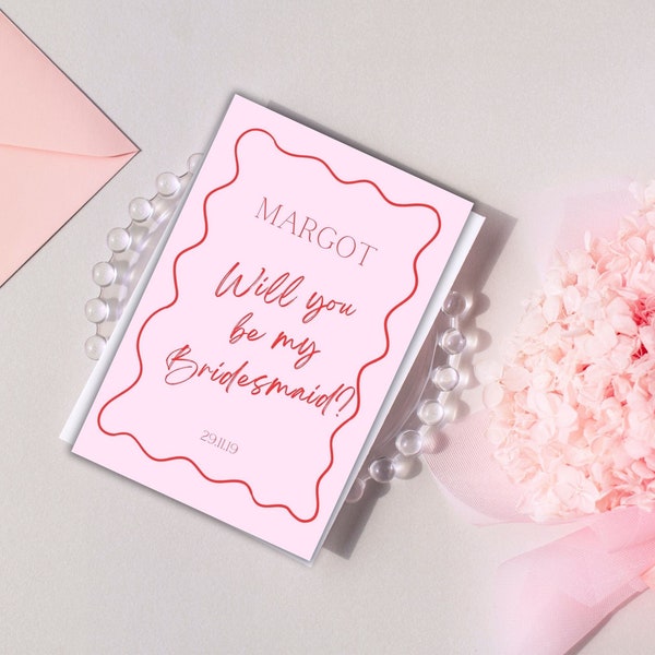 Wavy Bridal Proposal cards, Trendy Bridesmaid cards, Wiggle or wavy with pink and red, stylish bridal party, personalised, digital download