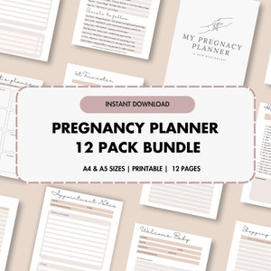May include: A pink and white printable pregnancy planner bundle with 12 pages. The bundle includes pages for dates at a glance, appointments, hospital bag checklist, shopping list, and welcome baby. The text "Pregnancy Planner 12 Pack Bundle" is in a large font on a pink background.