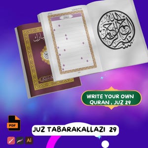 May include: An open book with a burgundy cover and a white page with Arabic calligraphy. The book is titled "Juz Tabarakallazi 29" and has a text overlay that says "Write Your Own Quran, Juz 29".