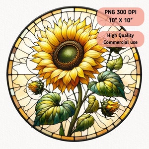 Sunflower Faux Stained Glass Watercolor Clipart, Round Circle, Ornament Wrap Print, Stain Glass Digital PNG, Digital Download, Sublimation