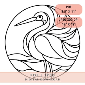 May include: Black and white line art illustration of a heron standing in water. The image is in a circle shape. The text "PDF | JPEG DIGITAL DOWNLOAD" is at the bottom of the image. The text "PDF 8.5" x 11" and "JPEG 300 DPI 12" x 12" is in the top right corner of the image.