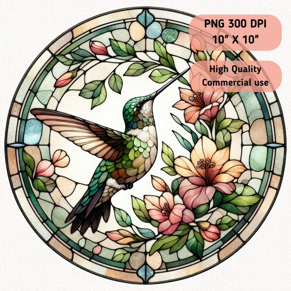 Hummingbird Faux Stained Glass Watercolor Clipart, Round Animal Ornament Wrap Print, Stain Glass Digital PNG, Digital Download, Sublimation