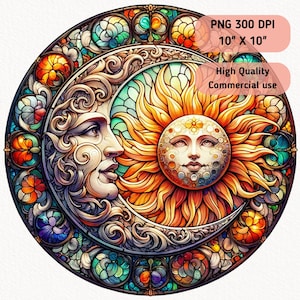 Puede incluir: Un diseño circular de vitral con una luna creciente y un sol con rostro humano. La luna está en el lado izquierdo de la imagen y el sol en el lado derecho. El diseño está rodeado por un borde de flores y hojas coloridas. PNG 300 DPI 25,4cm x 25,4cm Alta calidad Uso comercial