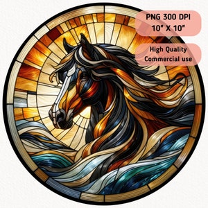 May include: A stained glass window design featuring a brown and black horse with a flowing mane and tail, set against a background of blue and yellow waves. The design is circular and has a detailed, intricate style.