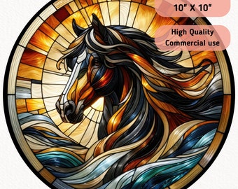 Horse Head Running Stained Glass Clipart, Round Circle, Animal Ornament Wrap Print, Stained Glass PNG Image, Digital Download, Sublimation
