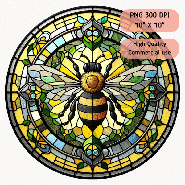 Bee Faux Stained Glass Watercolor Clipart, Round Circle, Animal Ornament Wrap Print, Stain Glass Digital PNG, Digital Download, Sublimation