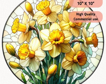 Spring Daffodil Faux Stained Glass Watercolor Clipart, Birth Month Flowers, Circle Ornament Wrap Print PNG, Digital Download, Sublimation