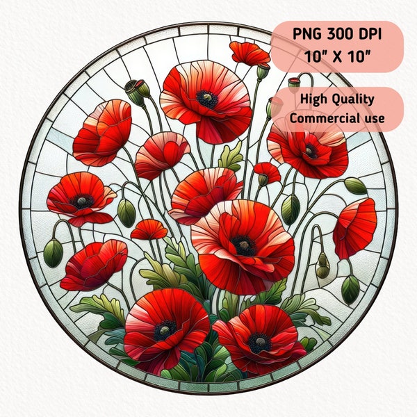 Poppy Flower Faux Stained Glass Watercolor Clipart, Poppies Round Ornament Wrap Print, Stain Glass Digital PNG Digital Download, Sublimation