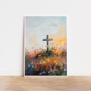 Cross Wall Art Christian Vintage Cross Painting Religious Easter Decor He is Risen Easter Printable Wall Art Floral Spring Print 218