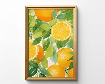 Orange Fruit Art, Abstract Orange Painting, Farmhouse Kitchen Wall Art, Kitchen Wall Art, Citrus Print, Orange Printable Kitchen Decor 087