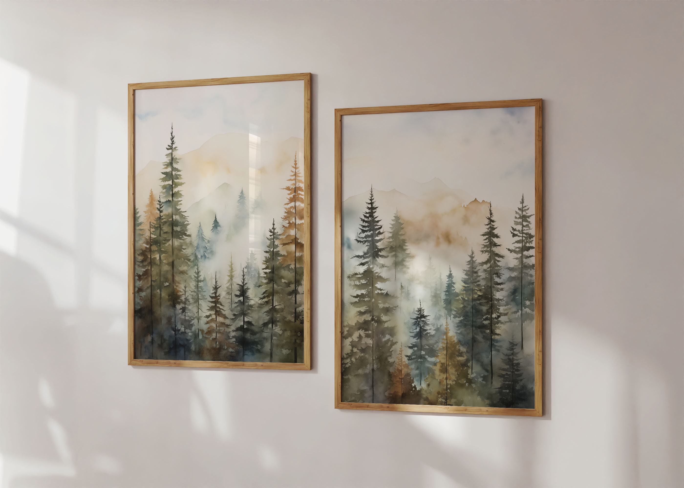 Forest Wall Art Set of 2, Watercolor Mountain Landscape Prints, Rustic ...