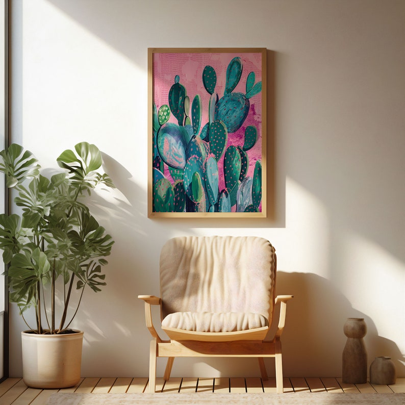 a painting hanging on a wall next to a chair and a potted plant