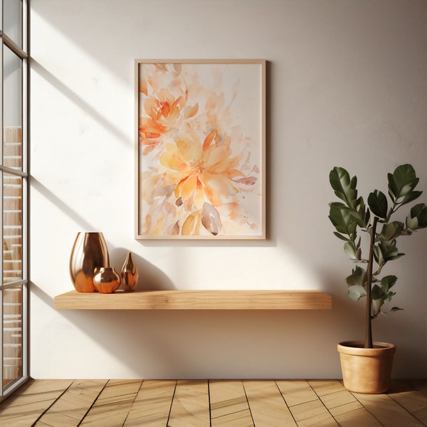 Amber and Orange Flowers Floral Watercolor Wall Art Baby Nursery Floral Art Botanical Wall Decor Digital Download Bathroom Wall Art | 051