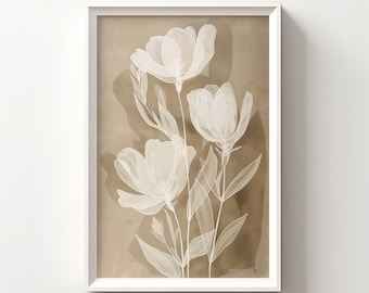 Arte de pared beige, arte de pared con flores blancas, arte minimalista bohemio, arte de pared de granja moderna imprimible, decoración de sala de estar, arte de pared neutro / 129