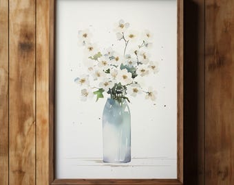White Flower Watercolor Wall Art Blue and White Botanical Prints Blue Watercolor Flowers Vintage Dried Flower Art Floral Prints Download 007