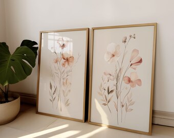 Pastelowy różowy kwiat na ścianę Boho Wall Art Wildflower Wall Art do pokoju dziecięcego Zestaw 2 sztuk Suszonych kwiatów Dekoracja ścienna Wiosenne kwiaty Wydruk cyfrowy 160