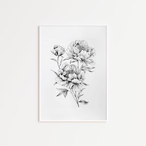 Vintage Peony Sketch Black and White Botanical Wall Art Minimalist Flower Art Vintage Home Decor Digital Download Printable 180