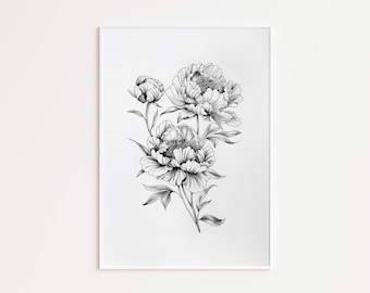 Vintage Peony Sketch Black and White Botanical Wall Art Minimalist Flower Art Vintage Home Decor Digital Download Printable 180