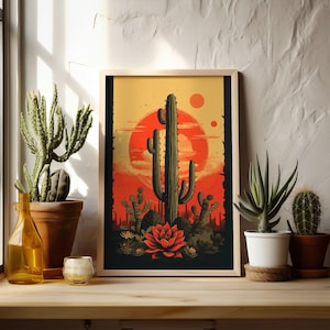 Retro Cactus Artwork Saguaro Cactus Digital Print Desert Wall Decor Vintage Cactus Wall Art Arizona Desert Art Printable Cactus Art 026