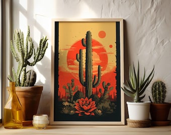 Retro Cactus Artwork Saguaro Cactus Digital Print Desert Wall Decor Vintage Cactus Wall Art Arizona Desert Art Printable Cactus Art 026