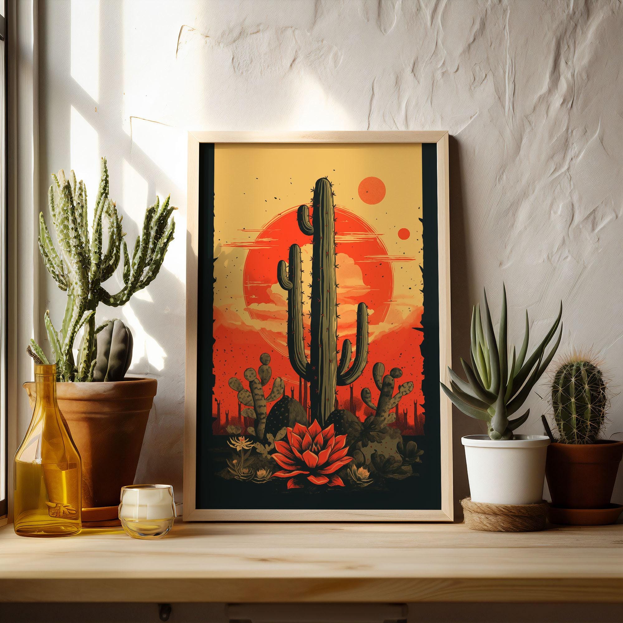 Retro Cactus Artwork Saguaro Cactus Digital Print Desert Wall Decor ...