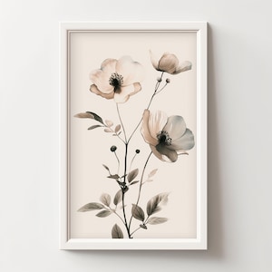 Neutral Flower Wall Art Vintage Botanical Flower Drawing Flower Wall Art Bathroom Wall Art Wildflower Wall Art Farmhouse Home Decor | 095