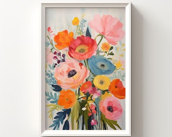 Bright Flower Wall Decor, Colorful Flower Wall Art, Boho Botanical Art, Spring Flower Painting, Vibrant Flower Print, Bathroom Wall Art 077