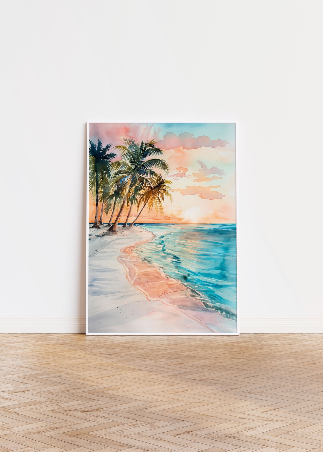 Tropical Sunset Beach Wall Art Palm Tree Painting Ocean Printable Beach ...