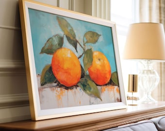 May include: A framed painting of two oranges on a branch with green leaves against a blue background. The oranges are painted in a realistic style with a textured brushstroke.