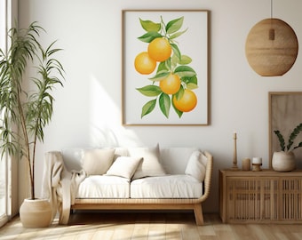 Pomarańcze na ścianie | Dekoracja ścienna do kuchni w stylu rustykalnym | Botaniczna sztuka ścienna | Sztuka ścienna w stylu rustykalnym | Sztuka ścienna z owocami | Pobieranie cyfrowe | 086