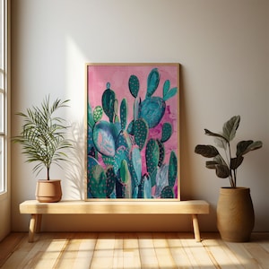 a painting of a cactus on a pink background