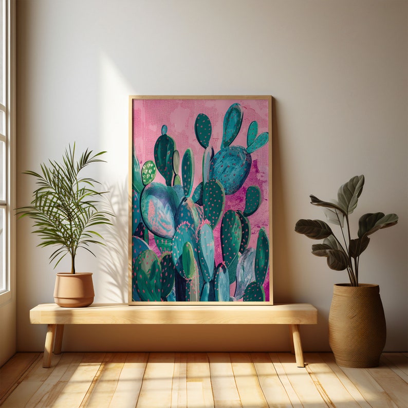 a painting of a cactus on a pink background
