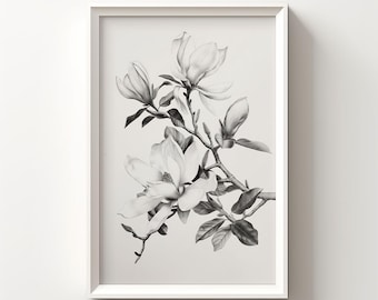 Black and White Magnolia Flower Sketch, Vintage Botanical Wall Art, Magnolia Wall Art, Botanical Drawing, Vintage Floral Art Printable | 139