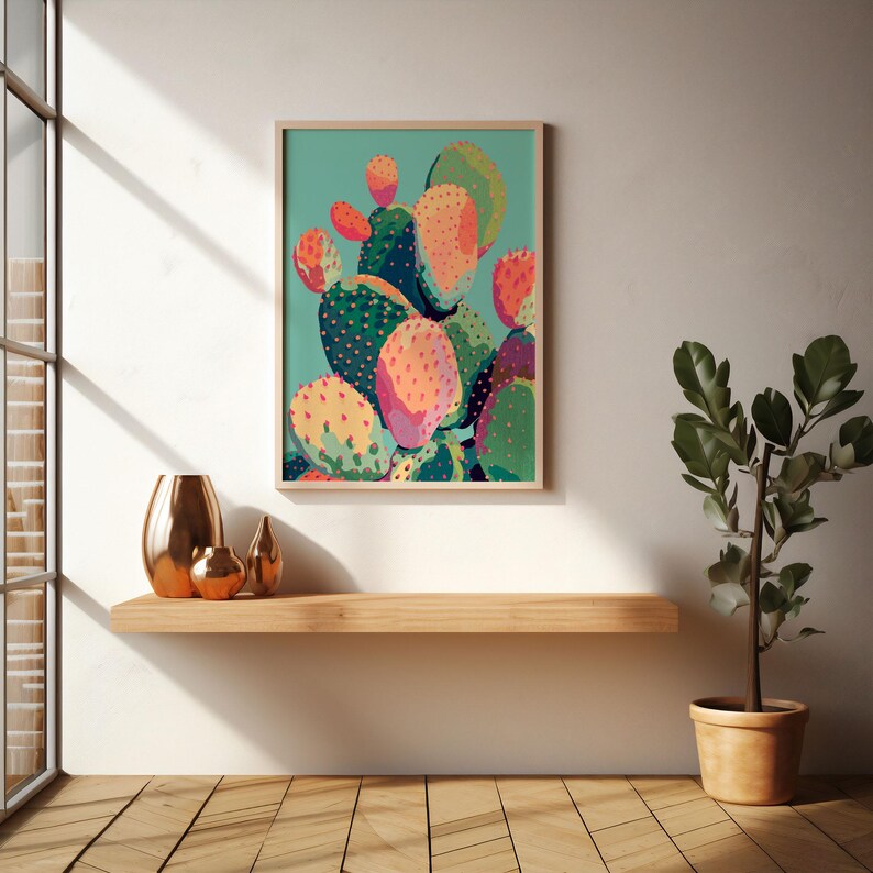 a painting of a cactus on a shelf next to a potted plant
