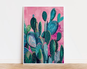 Arte de pared de cactus rosa, impresión de cactus femenino, pintura de cactus vibrante, impresión de cactus bohemio, cactus coloridos imprimibles, descarga digital, arte del desierto 161